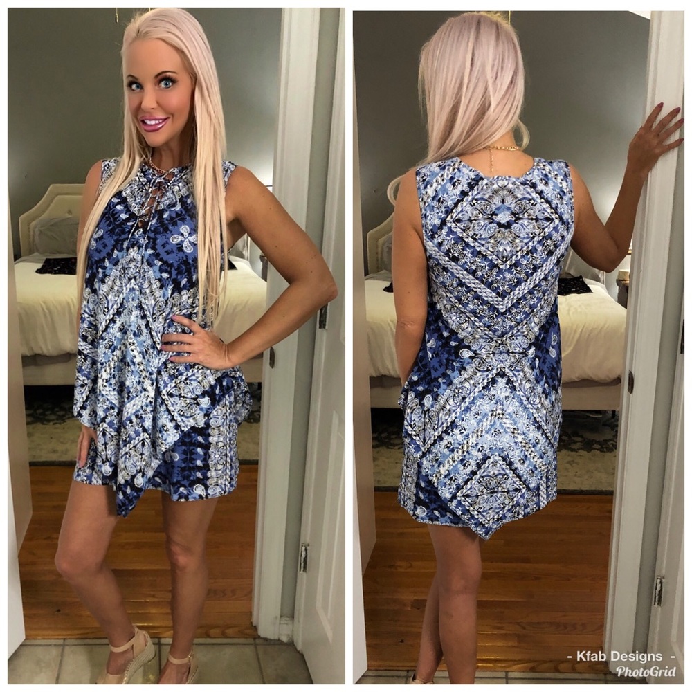 🥰SALE!  Indigo Front Lace Up Print Tunic Dress - Picture 3 of 4